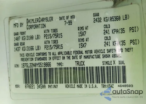 2000 Dodge Dakota Slt/Sport z USA, uszkodzony, nr VIN 1B7GL22N0YS519866